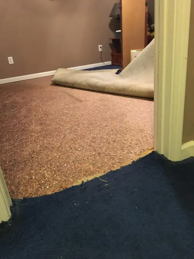 Carpet pad removal revealing water damage during Drying & Dehumidification in Corinth
